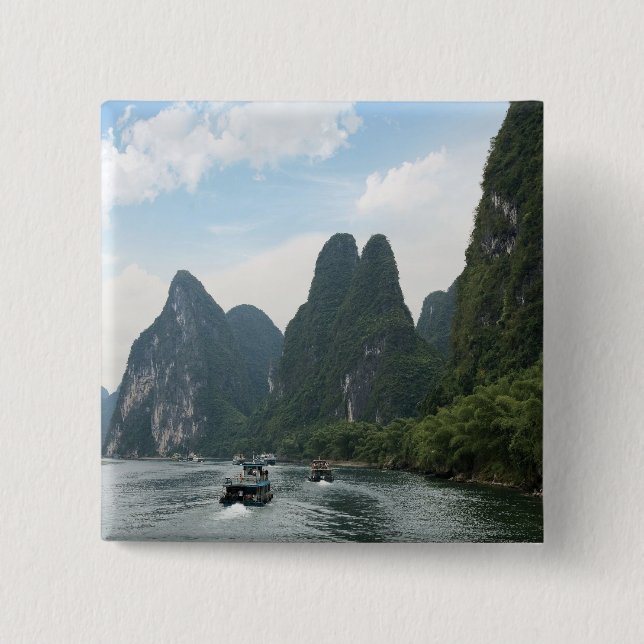 Badge Carré 5 Cm Chine, Guilin, Li River, bateaux fluviaux bordent (Devant)