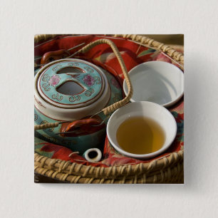 Badge Carré 5 Cm Chine, Hong Kong. Théière traditionnelle chinoise 