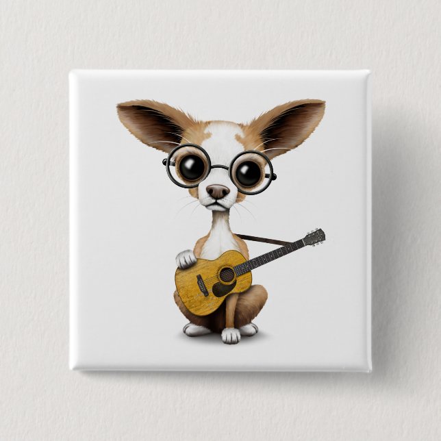 Badge Carré 5 Cm Chiot de chiwawa jouant la vieille guitare (Devant)
