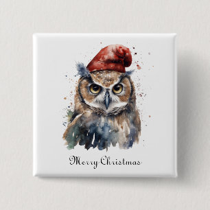 Badge Carré 5 Cm Chouette de Noël à l'aquarelle personnalisée avec