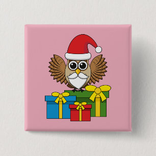 Badge Carré 5 Cm Chouette du Père Noël avec présents