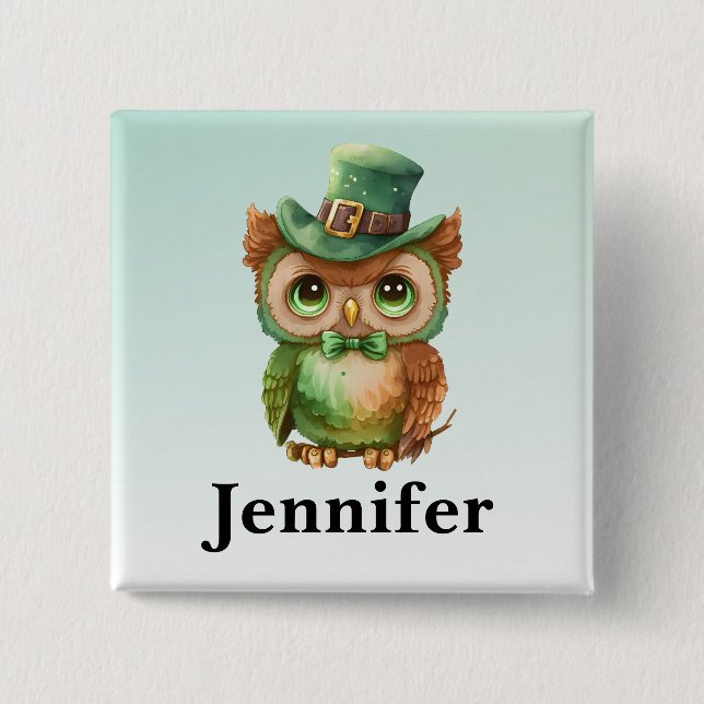 Badge Carré 5 Cm Chouette mignonne dans un chapeau vert (Devant)