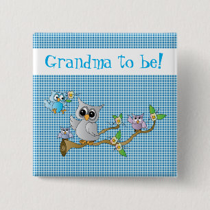 Badge Carré 5 Cm Chouettes mamma et bébé sur une plaque bleue   Gra