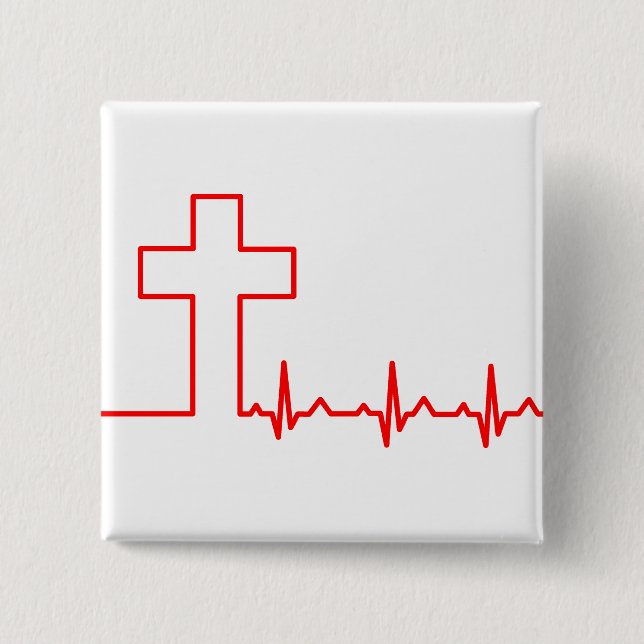 Badge Carré 5 Cm Chrétiens Cross Heartbeat Life EKG ECG (Devant)