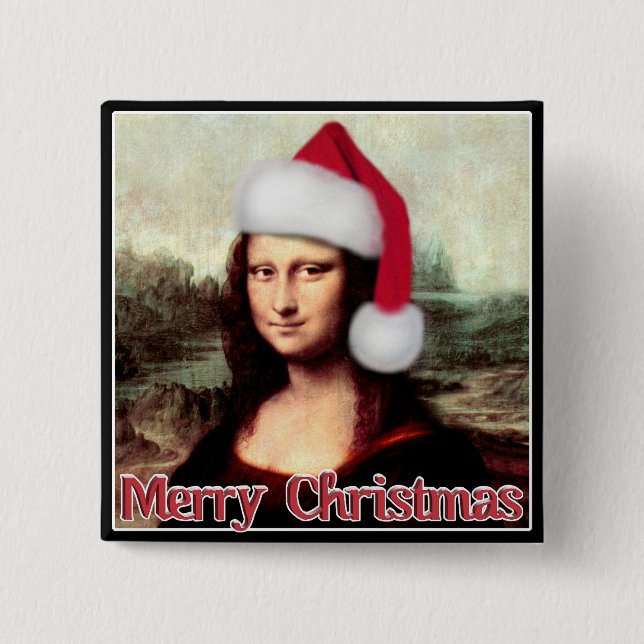 Badge Carré 5 Cm Christmas Mona Lisa With Santa Hat (Devant)