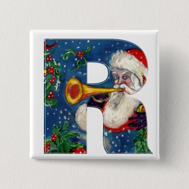 BADGE CARRÉ 5 CM CHRISTMAS R LETTER / SANTA BUGLER MONOGRAM (Devant)