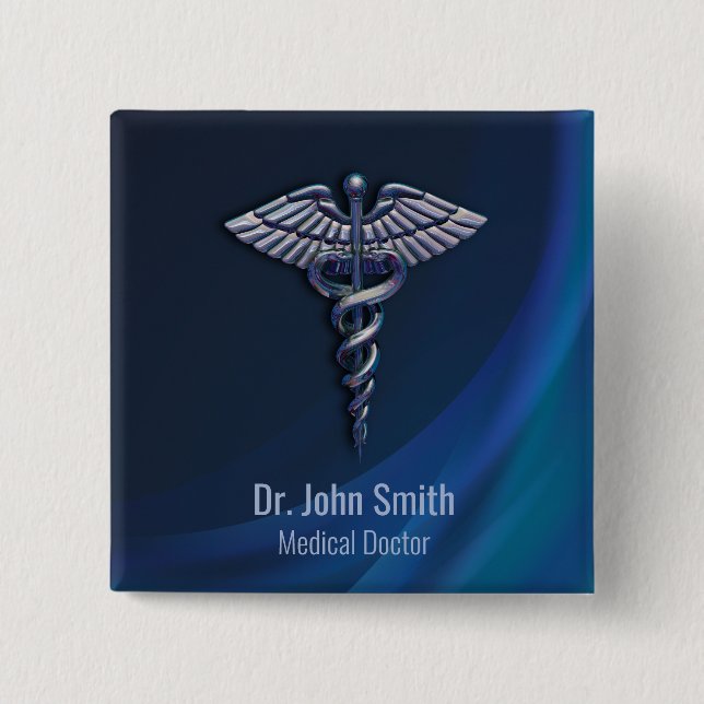 Badge Carré 5 Cm Chrome 3D Médicale sombre Holographique Caduceus (Devant)