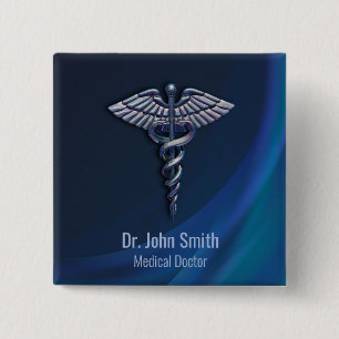 Badge Carré 5 Cm Chrome 3D Médicale sombre Holographique Caduceus