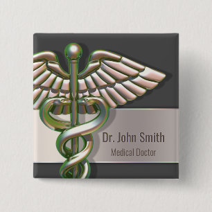 Badge Carré 5 Cm Chrome Holographique 3D Médicale Caduceus
