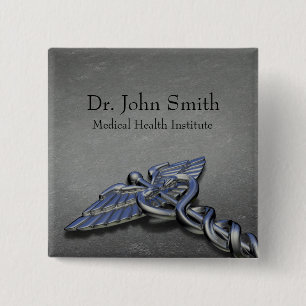 Badge Carré 5 Cm Chrome Professionnel Médicale Caduceus - Bouton