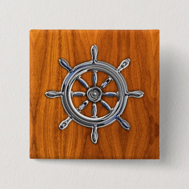 Badge Carré 5 Cm Chrome style Nautical Wheel on Teak (Devant)