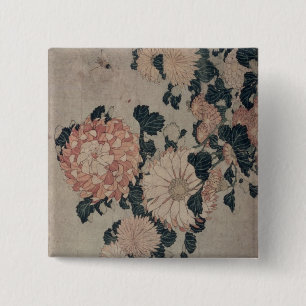 Badge Carré 5 Cm Chrysanthèmes (bois de graveur de couleur)