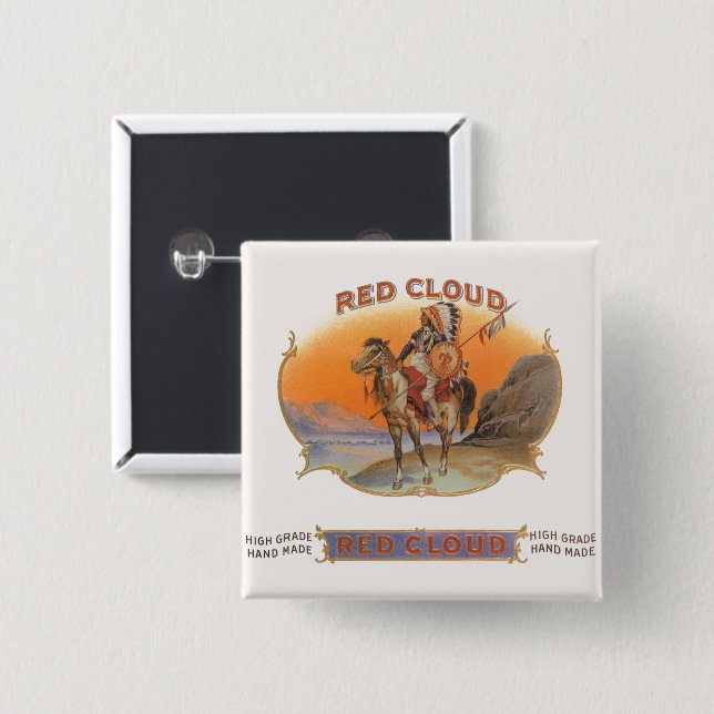 Badge Carré 5 Cm Cigar vintage Art Étiquette, Red Cloud Indian en c (Devant & derrière)