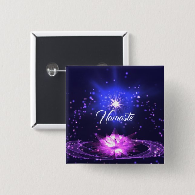 Badge Carré 5 Cm Citation Namaste Purple Crystal Lotus & Star (Devant & derrière)