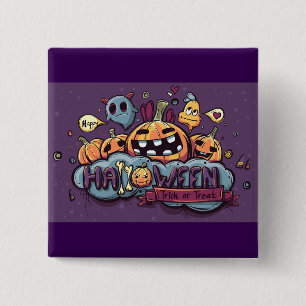 Badge Carré 5 Cm Citrouilles et fantômes d'Halloween, des friandise