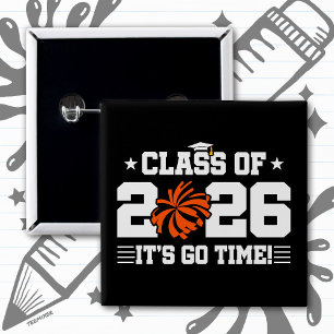 Badge Carré 5 Cm Classe de 2026 Orange Cheer Diplômé C'est Parti
