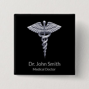 Badge Carré 5 Cm Classy Silver Caduceus Medical on Black