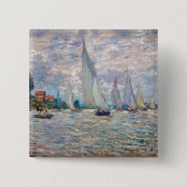 Badge Carré 5 Cm Claude Monet - Bateaux Regatta à Argenteuil (Devant)