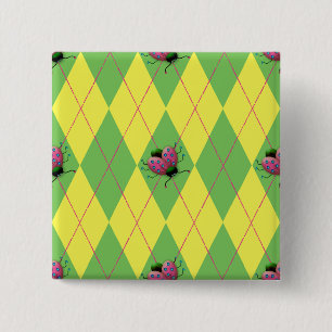 Badge Carré 5 Cm Coccinelle à motifs de losanges verte et jaune