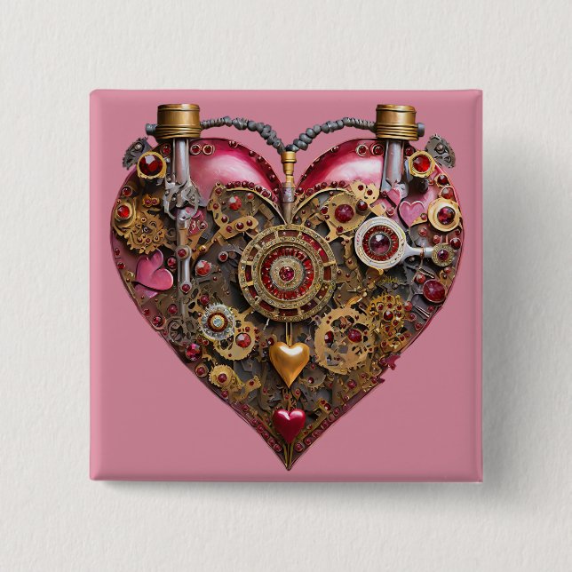Badge Carré 5 Cm Cœur de Streampunk Rubis Saint-Valentin (Devant)