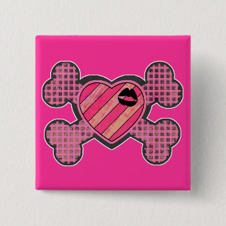 Badge Carré 5 Cm Coeur punk et os croisés