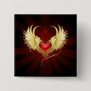 Badge Carré 5 Cm Coeur rouge avec ailes d'or