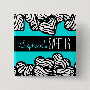 Badge Carré 5 Cm Coeur zèbre turquoise Sweet 16 Bouton d'anniversai