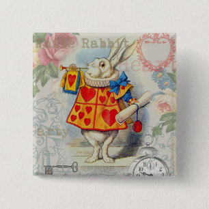 Badge Carré 5 Cm Cœurs de Lapin Blanc Alice Classique