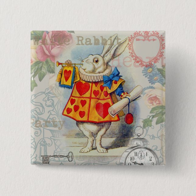 Badge Carré 5 Cm Cœurs de Lapin Blanc Alice Classique (Devant)
