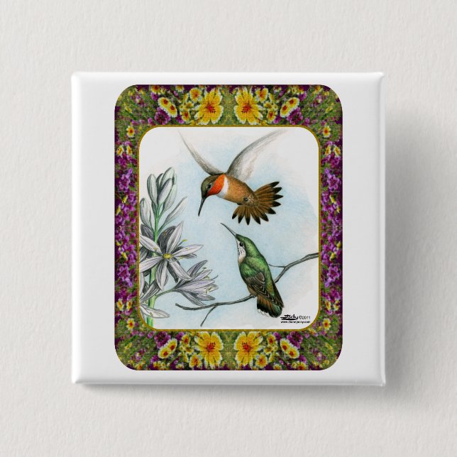 Badge Carré 5 Cm Colibris et fleurs #2 (Devant)