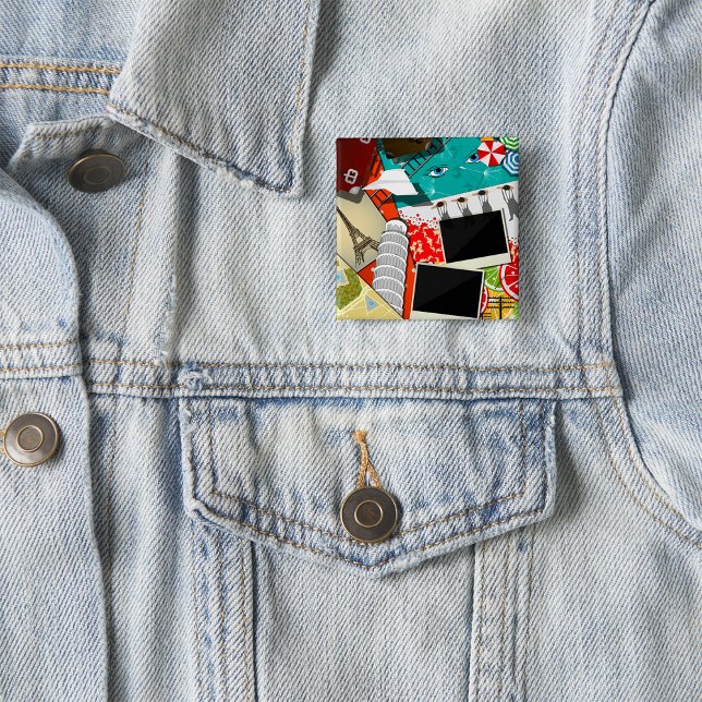 Badge Carré 5 Cm Collage de voyage avec des sites touristiques embl (Créateur téléchargé)