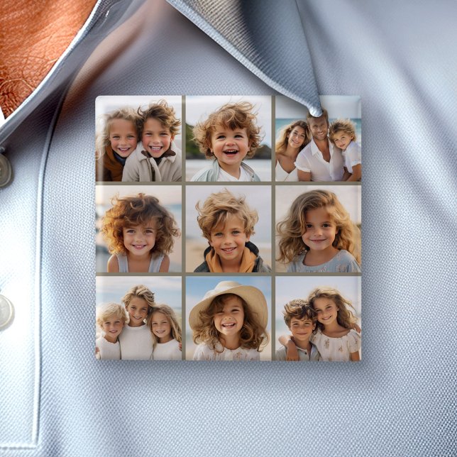 Badge Carré 5 Cm Collage photo avec 9 photos carrés - Taupe (Custom Photo Button)
