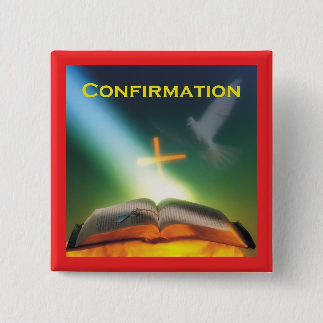 Badge Carré 5 Cm Colombe de confirmation, Bible, Croix (Devant)