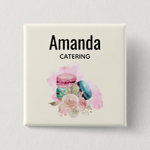 Badge Carré 5 Cm Colorful Macarons and Flowers Watercolor Name Tag