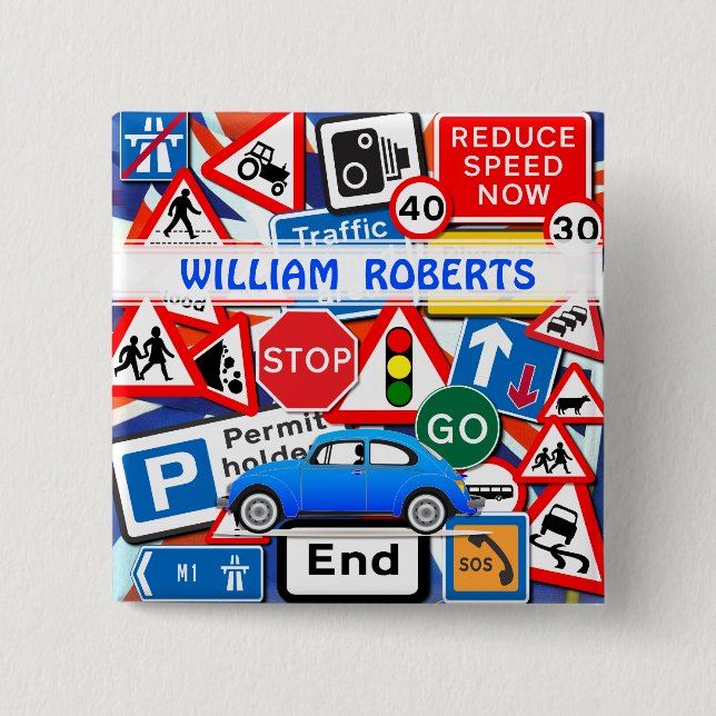Badge Carré 5 Cm Colourful Road Signs, and Automobile Custom Name B (Devant)