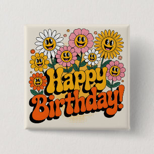 Badge Carré 5 Cm Conception florale rétro groovy joyeux anniversair