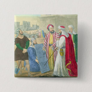 Badge Carré 5 Cm Construisant la ville et la tour de Babel, d'un b