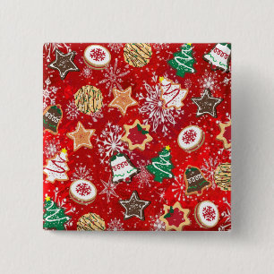 Badge Carré 5 Cm Cookies de Noël et flocons de neige sur fond rouge