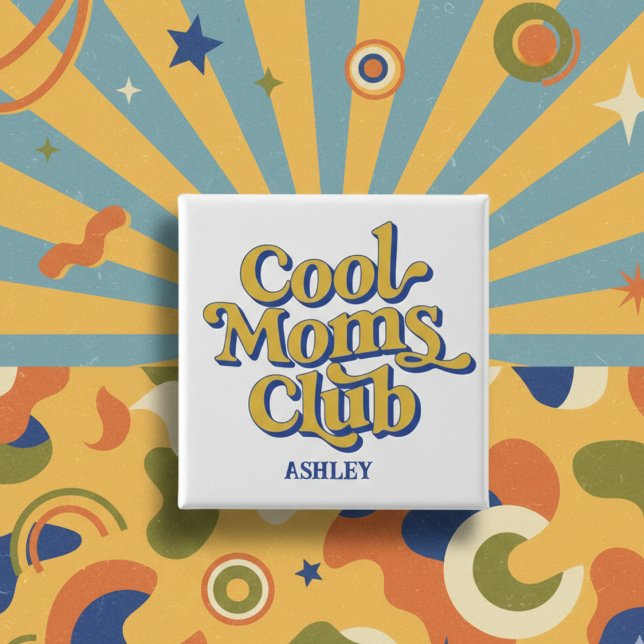 Badge Carré 5 Cm Cool Moms Club Trendy Mom Quote Blue Yellow Retro (Créateur téléchargé)