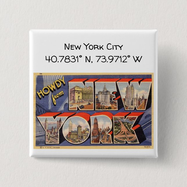 Badge Carré 5 Cm Coordonnées de la carte de la ville de New York St (Devant)