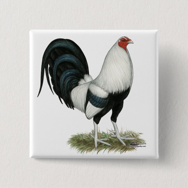 Badge Carré 5 Cm Coq de combat argenté de Duckwing (Devant)