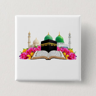 Badge Carré 5 Cm Coran D'Art Islamique Avec Mosquée Et Rose