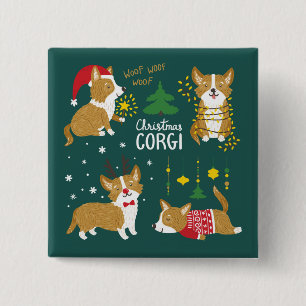 Badge Carré 5 Cm Corgi de Noël   ouaf ouaf Woof
