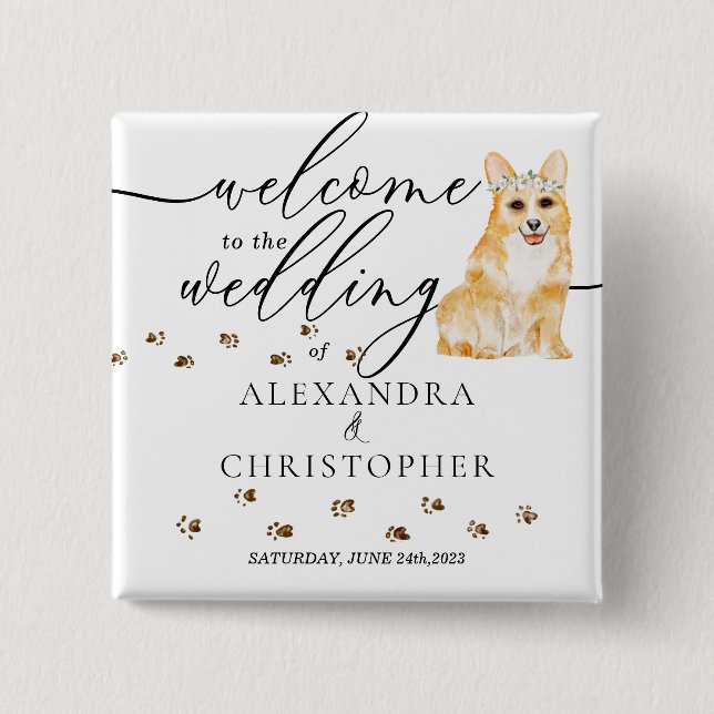Badge Carré 5 Cm Corgi Dog Bienvenue à la cutie mariage (Devant)