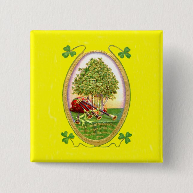 Badge Carré 5 Cm Cornemuses Shamrock Or Vert (Devant)