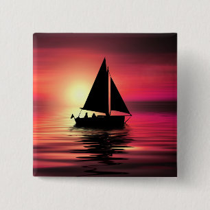 Badge Carré 5 Cm Coucher de soleil, Bateau à voile dans la mer-3918