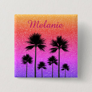 Badge Carré 5 Cm Coucher de soleil dégradé avec palmiers scintillan