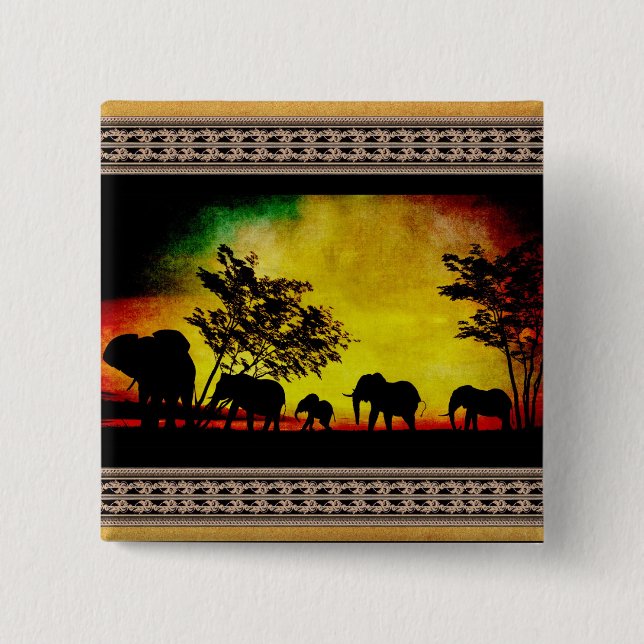 Badge Carré 5 Cm Coucher de soleil des éléphants (Devant)