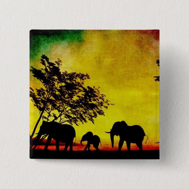 Badge Carré 5 Cm Coucher de soleil des éléphants (Devant)
