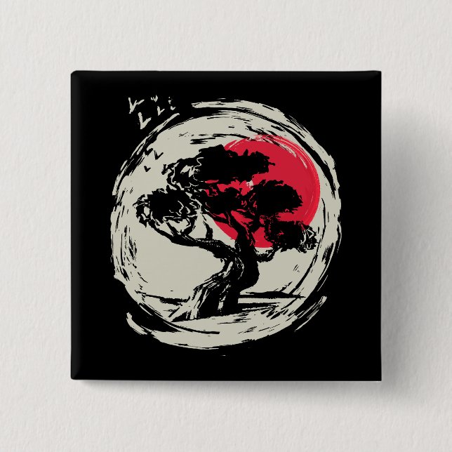 Badge Carré 5 Cm Coucher de soleil japonais Bonsai Art (Devant)